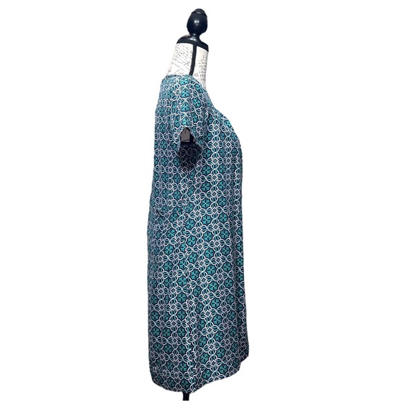 J. Crew Dress Sz 4 Navy Green Medallion Short Sleeve Shift Swoop Neck Lined - Picture 3 of 15